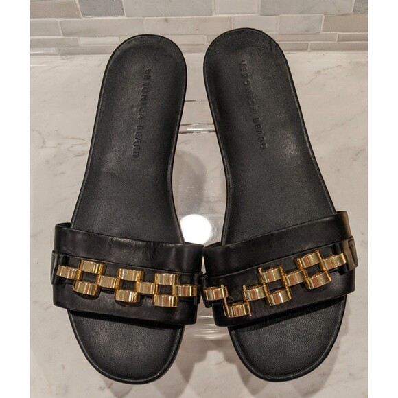 VERONICA BEARD Shoes - Veronica Beard ENI Black Chain-Trimmed Leather Slides Gold hardware Size 8.5